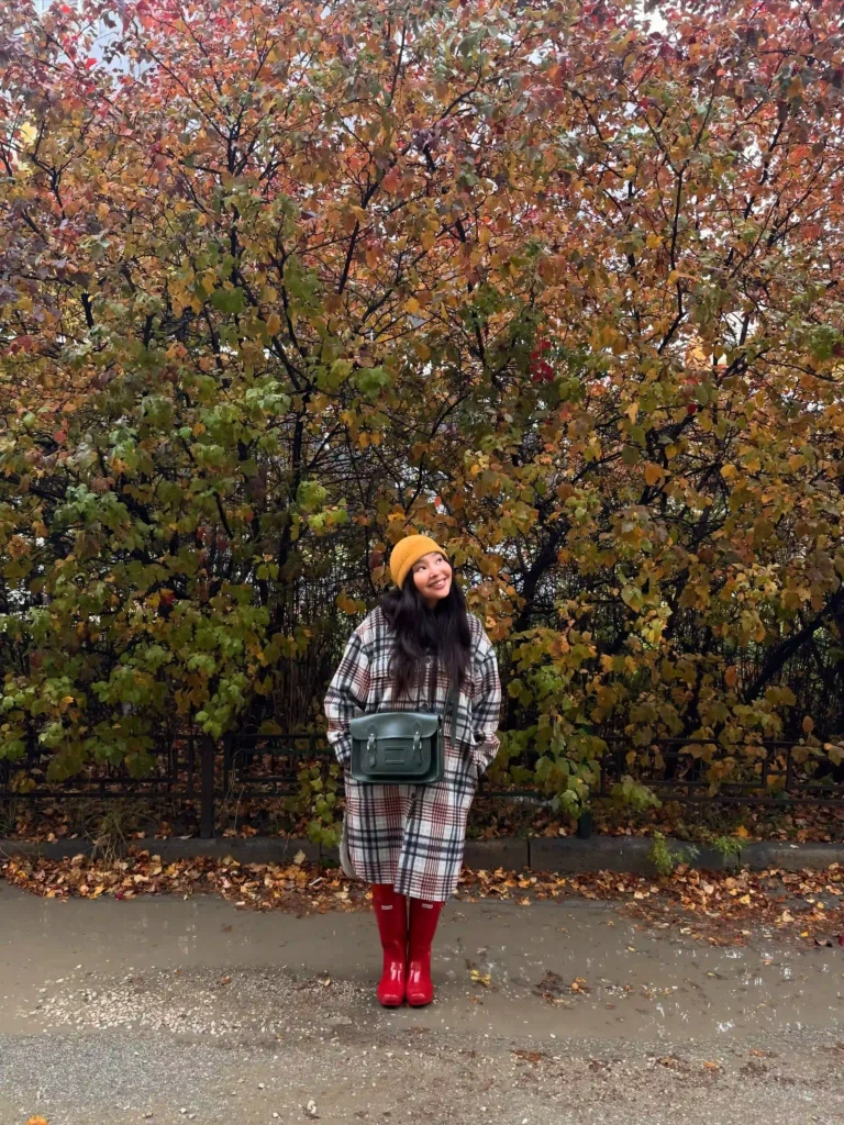 Plaid Coat and Beanie with Red Rain Boots