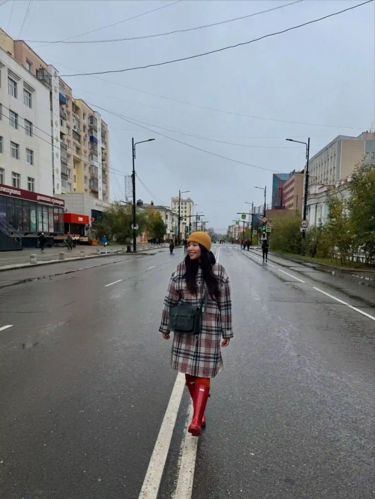 Plaid Coat and Red Rain Boots for a Rainy City Walk