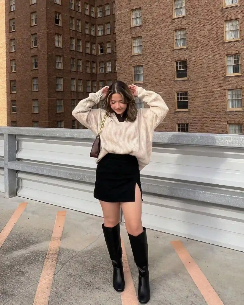 Oversized Cream Sweater with Black Mini Skirt and Knee High Boots