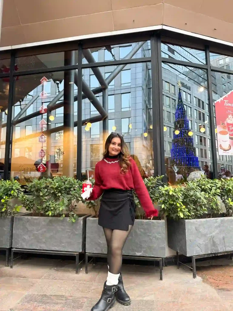 Fuzzy Red Sweater with Wrap Skirt and Buckled Boots