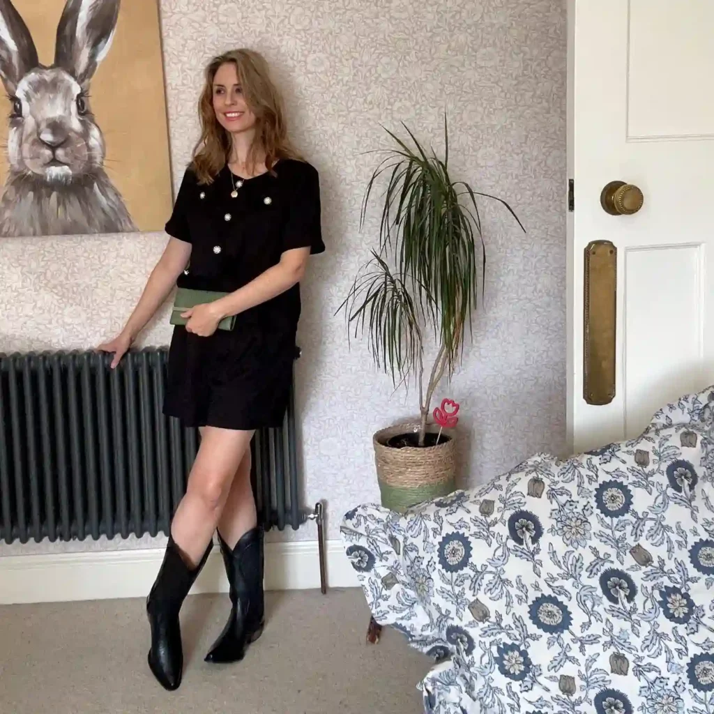 Button-Front Shirt Dress with Black Cowboy Boots