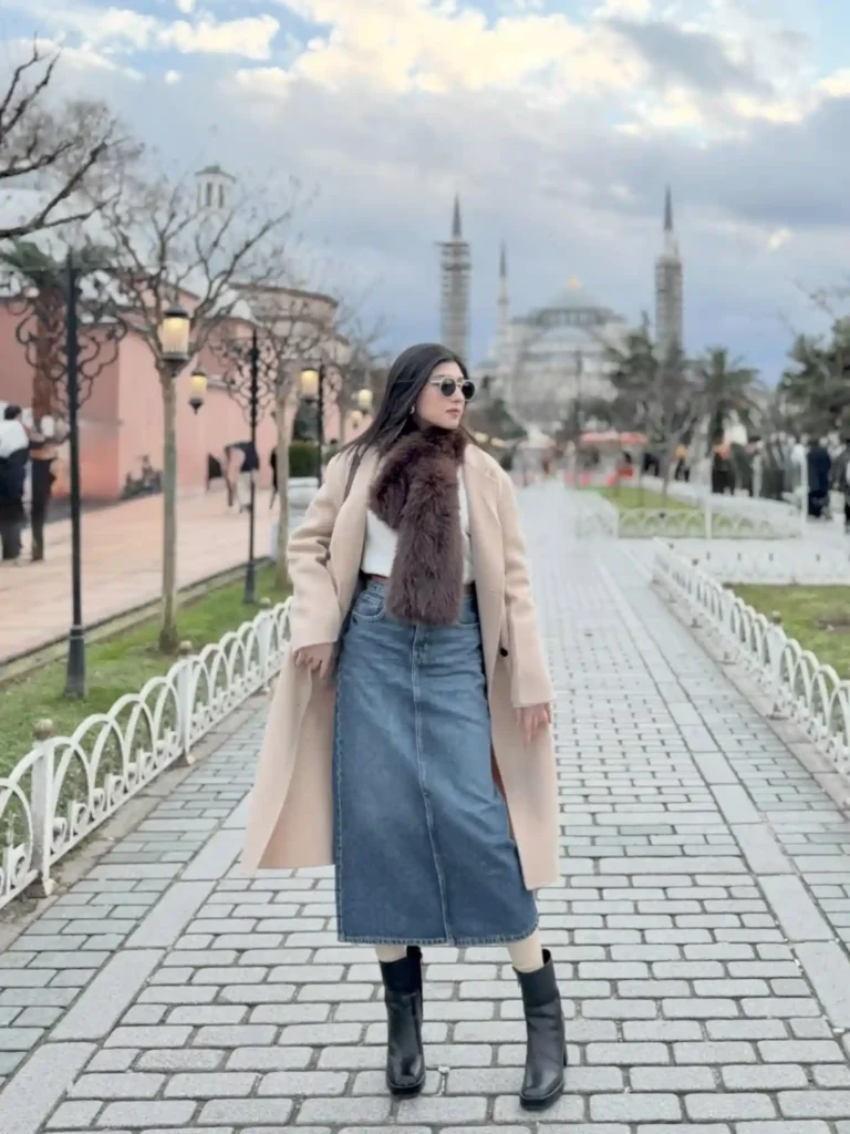 Denim Maxi Skirt with Black Ankle Boots