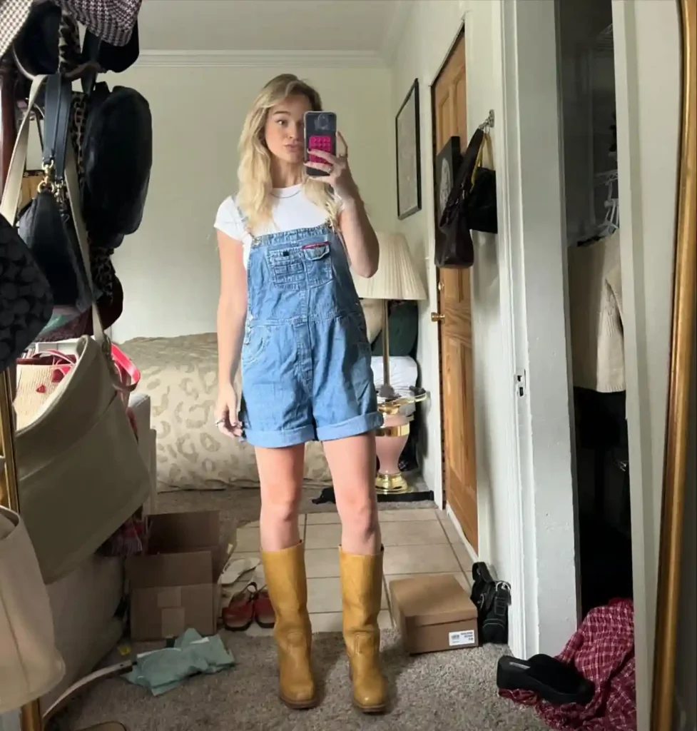Denim Overalls and White Tee with Banana Frye Boots