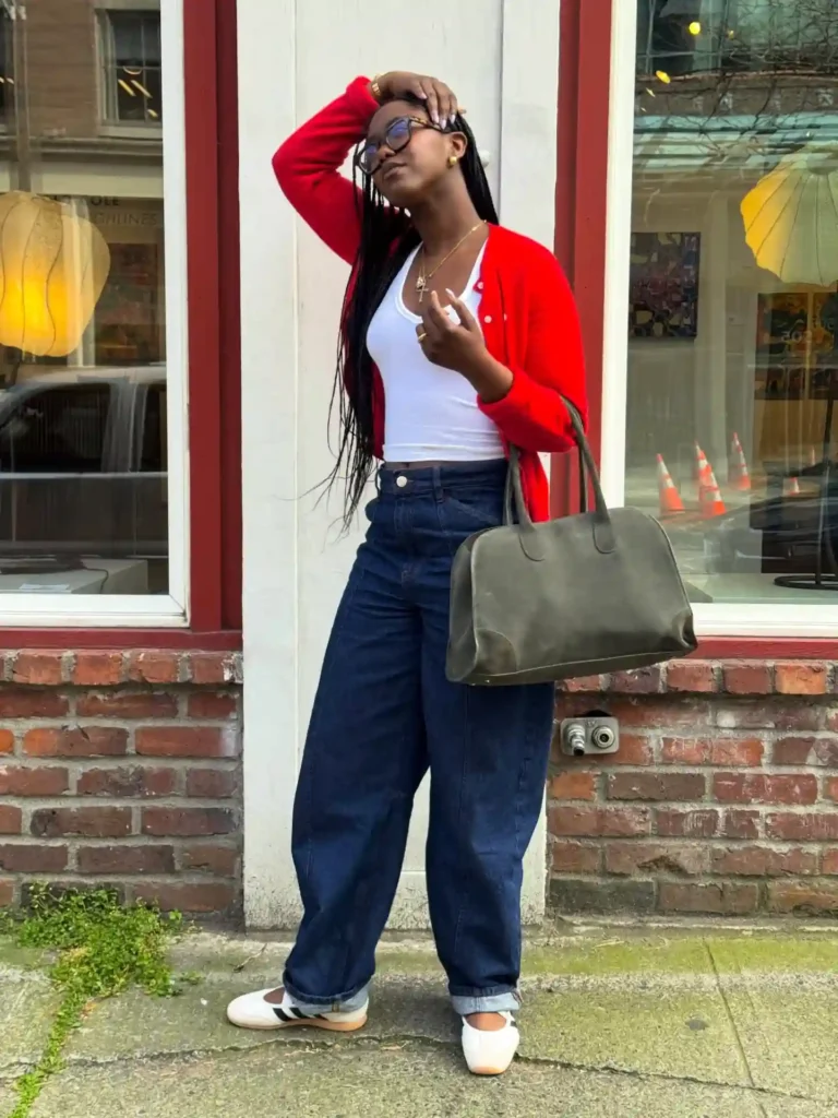Red Cardigan with White Tank and Baggy Jeans