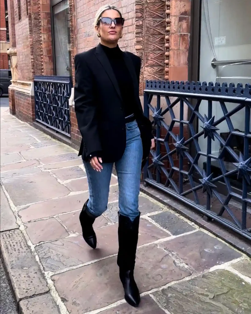 Black Blazer with Blue Jeans and Knee High Boots