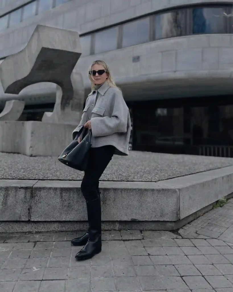 Grey Wool Jacket and Skinny Jeans with Tall Riding Boots