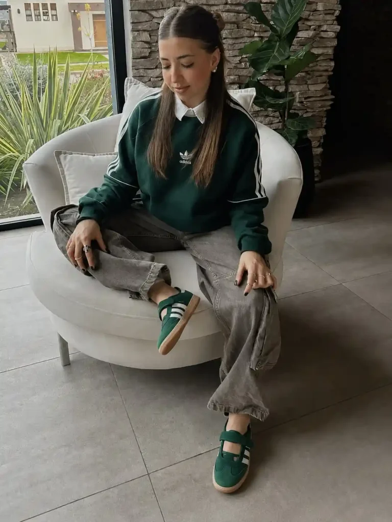 Green Adidas Sweatshirt with Grey Jeans and Green Samba Janes