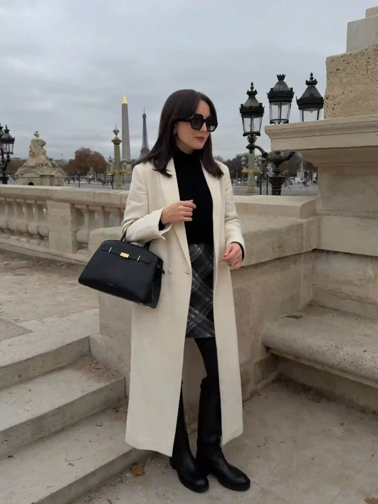 Cream Longline Coat and Plaid Skirt with Black Boots