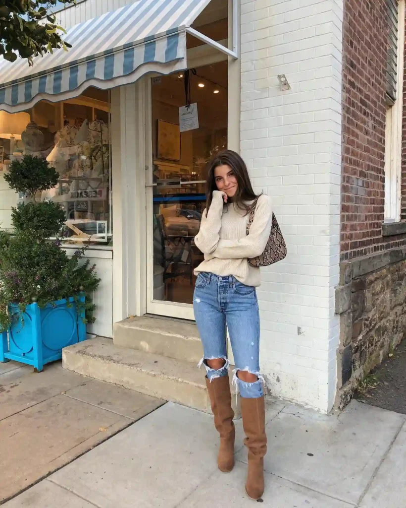 Cream Sweater and Suede Boots for a Relaxed Office Day