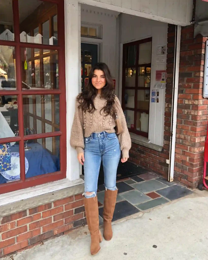 Chunky Knit Sweater and Ripped Jeans with Suede Boots