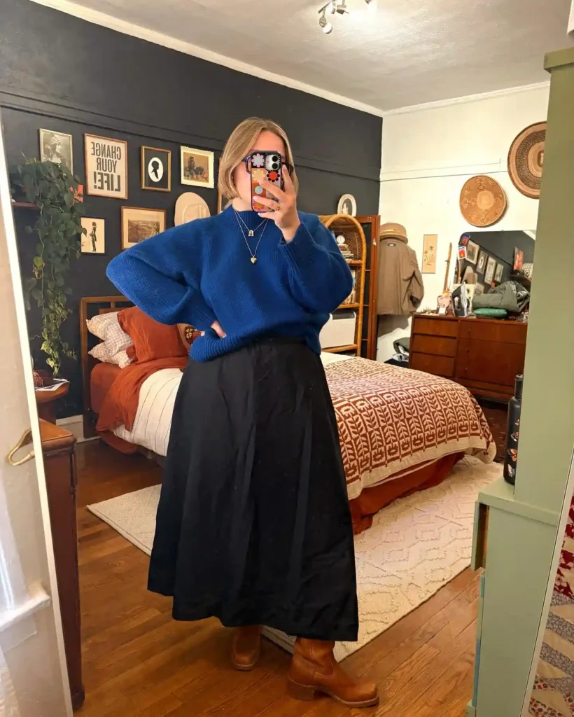 Blue Sweater and Black Midi Skirt for a Cozy Office Look