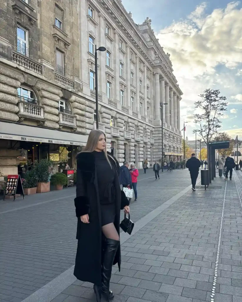 Fur-Trim Longline Coat and Mini Skirt with Black Boots