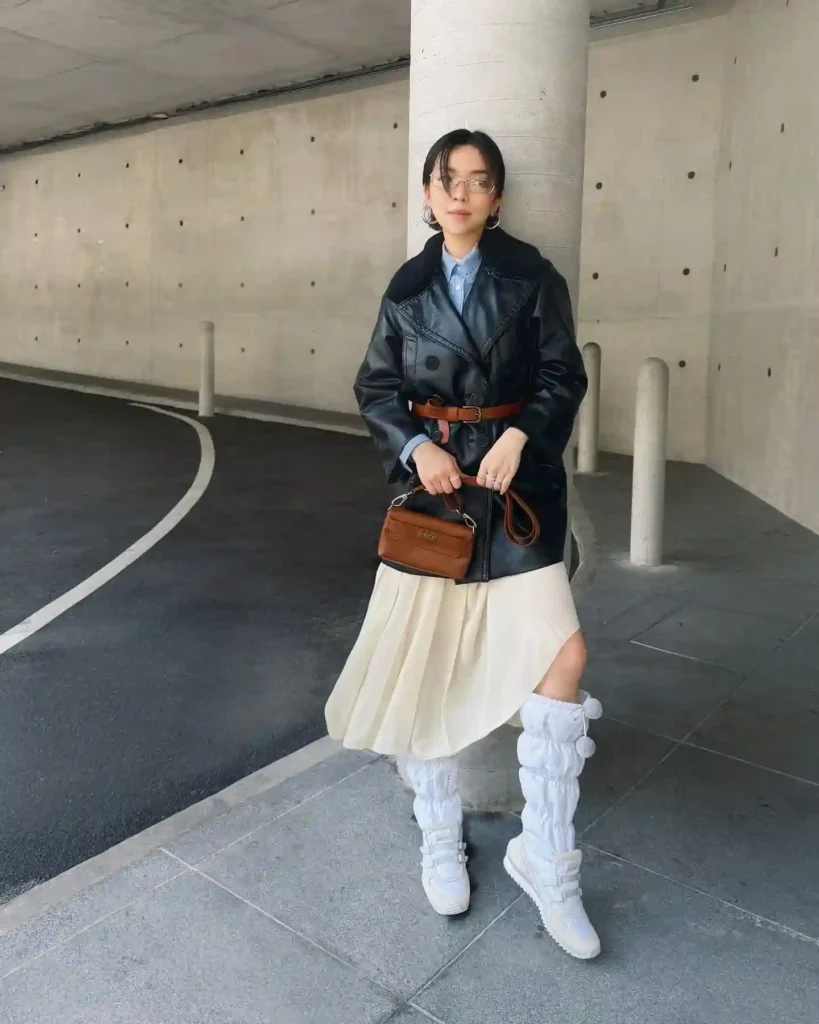 Leather Jacket and Pleated Skirt with Sneaker-Boots