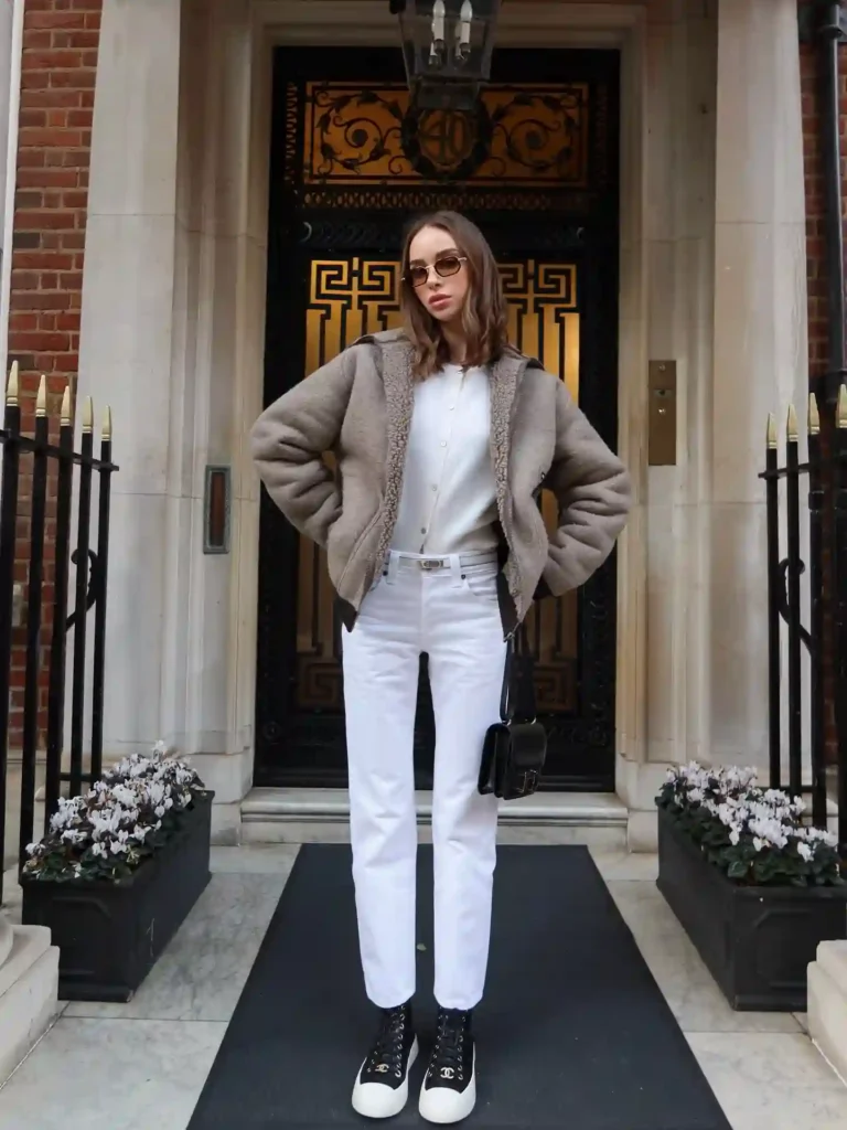 Sherpa Jacket and White Jeans with High-Top Sneakers