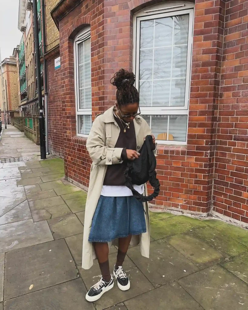 Trench Coat and Denim Midi Skirt with Chunky Sneakers