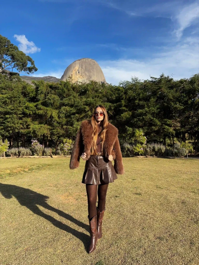 Faux Fur Jacket and Leather Mini Skirt with Brown Cowboy Boots