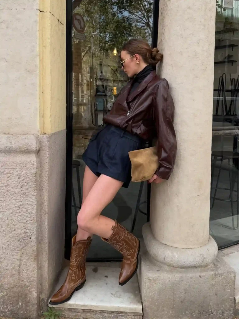 Leather Jacket and Tailored Shorts with Brown Cowboy Boots