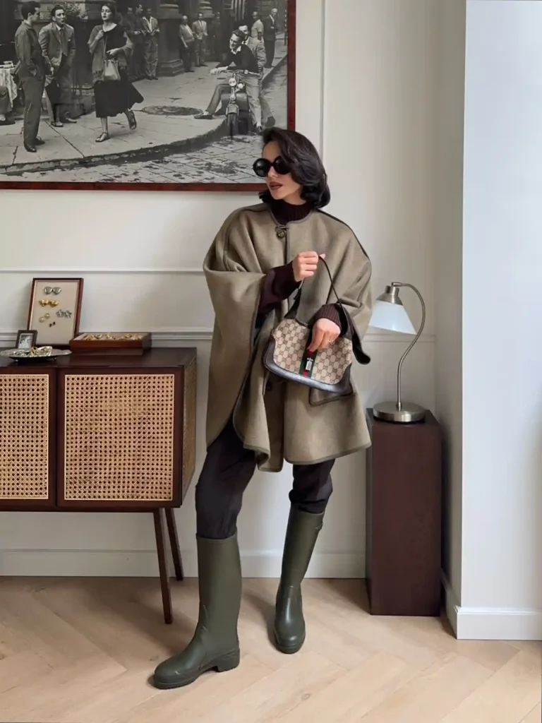 Wool Cape and Trousers with Tall Rain Boots