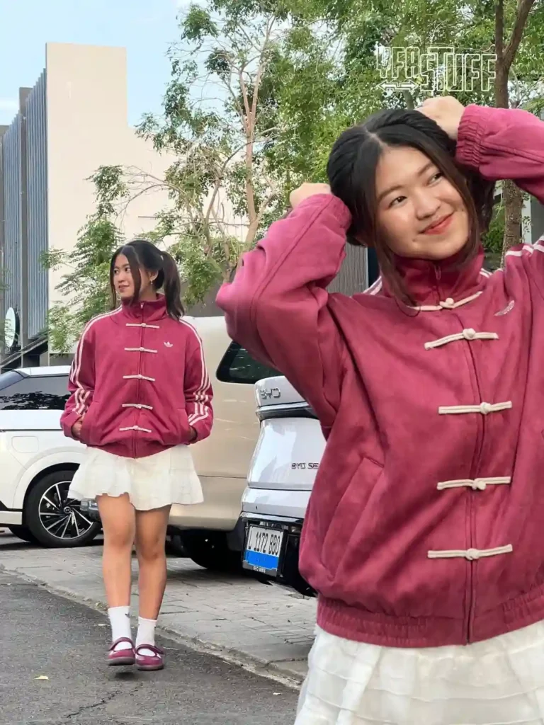 Burgundy Jacket with White Ruffle Skirt and Adidas Samba Jane